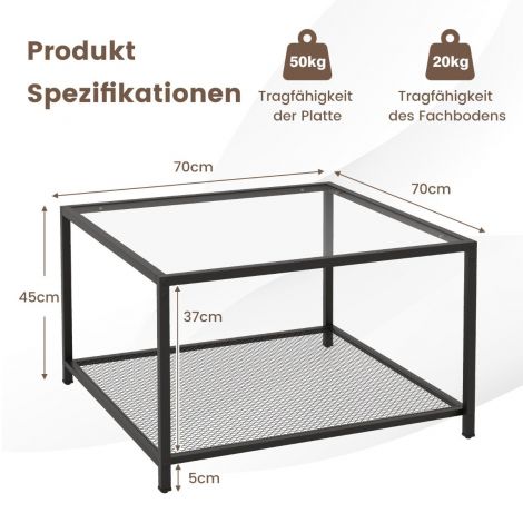Kahekorruseline klaaslaud panipaigaga ja võrkriiuliga, moodne ruudukujuline kohvilaud, 70 x 70 x 45 cm, läbipaistev