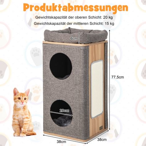 3-korruseline kassimaja kraapimislaua ja 3 matiga mängutünn kassidele kuni 20 kg, hall + naturaalne