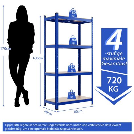 4-tasandiline laoriiul metallraamiga, raskekohustuslik riiul kandevõimega kuni 720 kg, sinine metallriiul