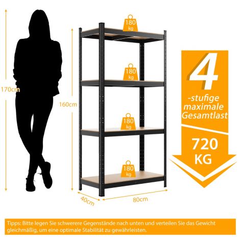 4-tasandiline laoriiul metallraamiga, kandevõime kuni 720 kg, must metallriiul
