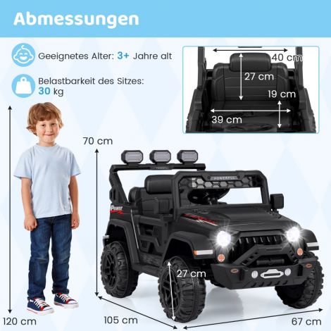 Laste elektriauto 2,4G kaugjuhtimispuldi, USB-i, valguse ja muusikaga, 12V laste Jeep, must