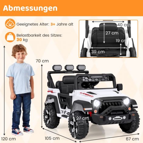 Laste elektriauto 2,4 G kaugjuhtimispuldi, USB, valguse ja muusikaga, 12 V laste Jeep, valge