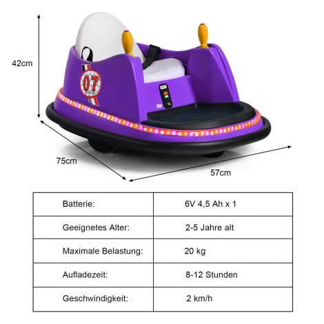 6 V laste elektriline autoscooter tulede ja muusikaga 57 x 75 x 42 cm lilla