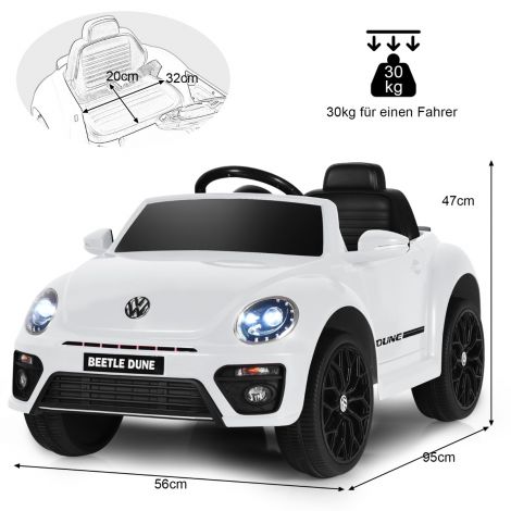VW Beetle lasteauto muusika ja 2 valgustusrežiimiga, sh 2,4G pult, valge