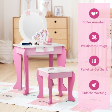 Laste puidust tualettlaud tabureti, eemaldatava peegli ja sahtliga, roosa