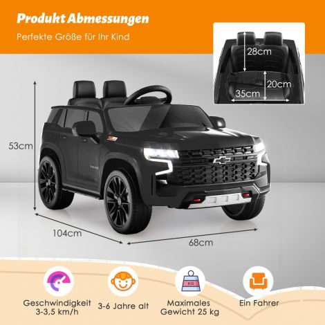 Laste Chevrolet elektriauto 2,4G kaugjuhtimispuldi, vedrustuse, tulede ja muusikaga, must lasteauto