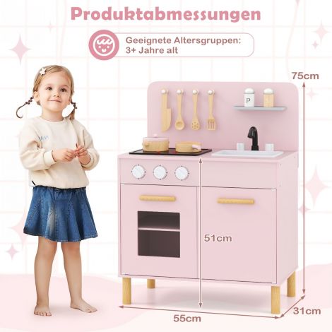 Puidust lastköök 10 tarvikuga, valguse ja heliga roosa mänguköök