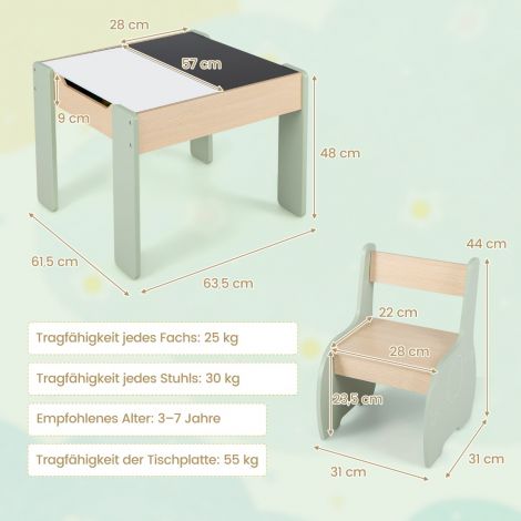 4 ühes 3-osaline laste istumiskomplekt puidust eemaldatava tahvli ja panipaigaga, roheline