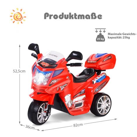 6 V laste elektrimootorratas muusika ja esituledega, punane