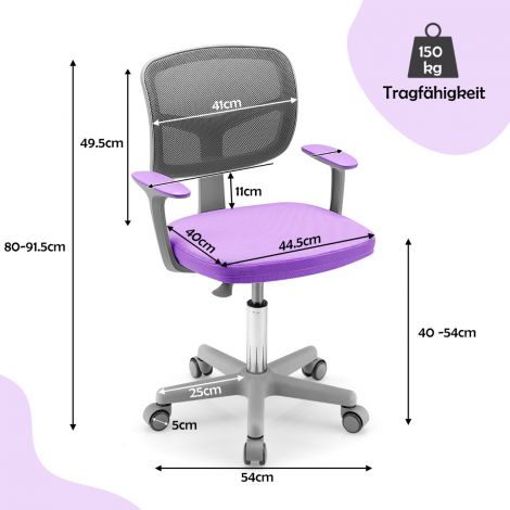 Laste kirjutuslaua tool 360° pöörlev noortetool 80–91,5 cm kõrguse reguleeritav 54 × 50 × 80–91,5 cm lilla
