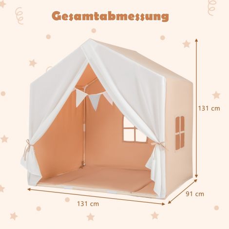 Laste telk pestava puuvillase matiga ja lipuribaga mängutelk akendega 131 x 91 x 131 cm helepruun