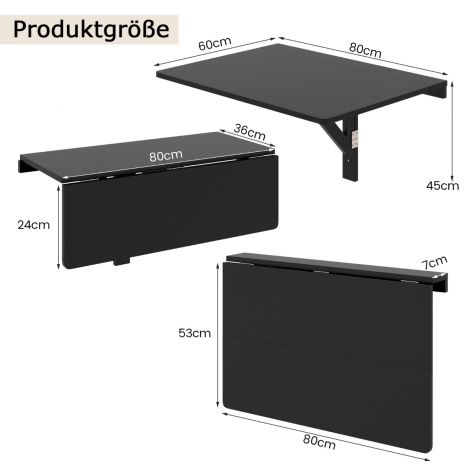 Seinale kinnitatav kokkupandav laud, ruumisäästlik köögilaud, kokkupandav seinalaud 80 x 60 cm must