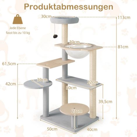 113 cm kõrgune moodne kraapimis- ja ronimispuu eemaldatava ja polsterdatud vaateplatvormiga