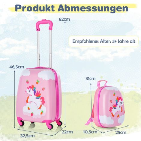 2-osaline laste kohver + seljakott plastist lastetrolley lastepagas 12"+16" Roosa Ükssarvik