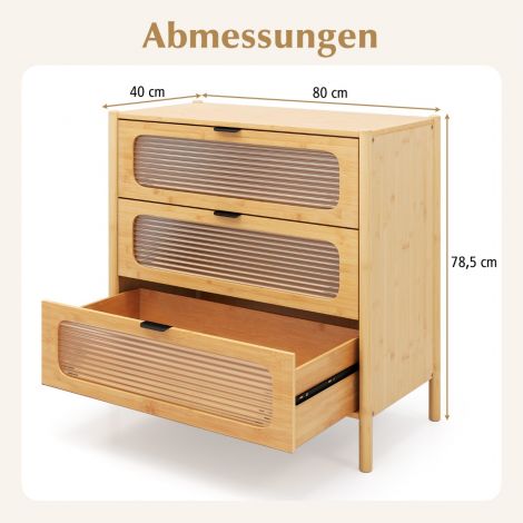Kummut 3 sahtliga bambusest ja karastatud klaasist, naturaalne, 80 x 40 x 78,5 cm