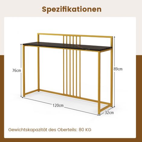 120 cm konsoollaud marmoriimitatsiooniga ja kuldse metallraamiga, modernne esikulaud, must