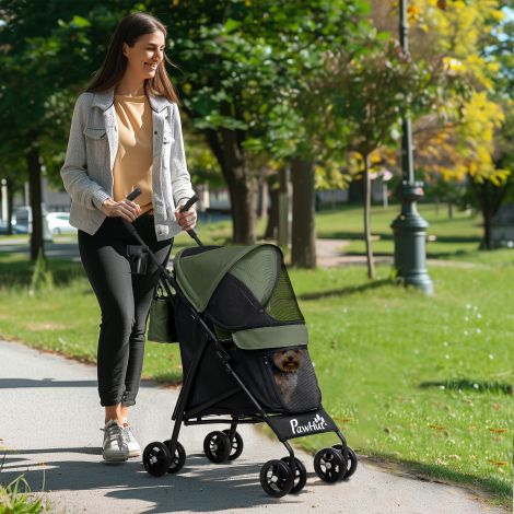 Koerakäru koerakäru kokkupandav koertele ja kassidele kuni 4 kg kassikäru võrgakende, õlarihma, hoiukoti, topsihoidja vihmavarjuga kassikäru tumeroheline