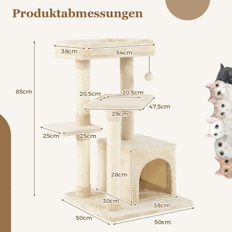 Väike kraapimispuu 85cm kassipuu kassimajaga & pehme istumispinnaga beež