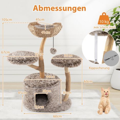 105 cm kraapimispuu puidust kassipuu kassimajaga, 2 plüüsist istumispinda, korv, kraapimispost.
