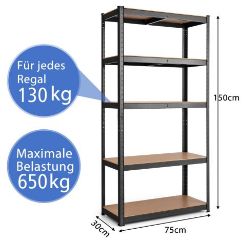 5-astmeline metallraamiga lao metallriiul, kandevõime kuni 650 kg, 75 x 30 x 150 cm, must