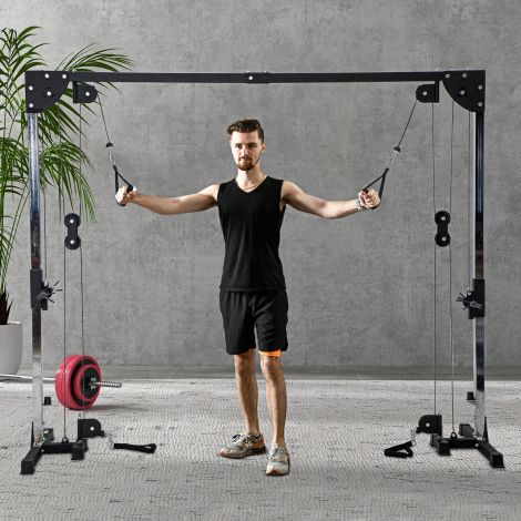 SPORTNOW kaablitõmbeseade koduseks kasutamiseks, kaalukoormus kuni 50 kg kummalgi küljel, kaablitõmbeseade käepidemetega, iseseisev kaablitorn harjutuste jaoks kodugümnaasiumis 245 x 207 cm