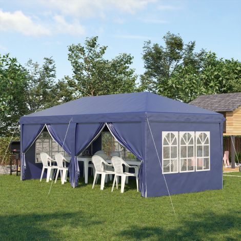 Kokkupandav paviljon 5,85x2,95m UV-kaitsega, külgseinad ja aknad, tõmblukuga uksed, ilmastikukindel aiamajake, sinine.