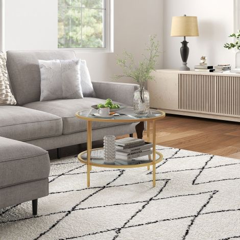 Ümmargune abilaud diivanilaud riiuliga Ø60 x 43 cm, terasraam, elegantne kohvilaud elutuppa ja magamistuppa kuldne.
