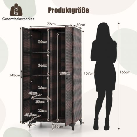 PE-rotangist riidekapp 2 ukse, riidepuutoru ja 4 riiuliga, pruun