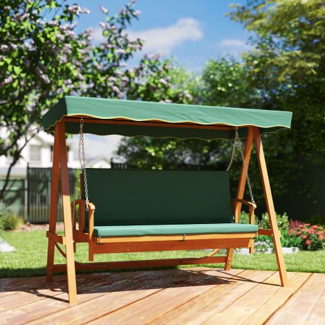 2-ühes Hollywoodi kiik lamamisfunktsiooniga, 3-kohaline puidust aiakiik, puidust kiik päikesevarjuga istmepadjaga, kiikpink kuni 330 kg, aeda, terrassile, 236x130x181 cm, tumeroheline