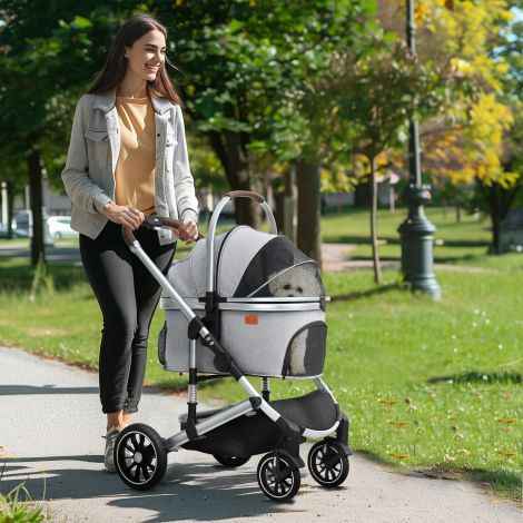 Koeruvanker 3 ühes koerakäru kokkupandav koertele ja kassidele kuni 10 kg kassikäru padjaga, topsihoidja, võrgaknad, uksed, hoiukorv, kassivanker, helehall käru