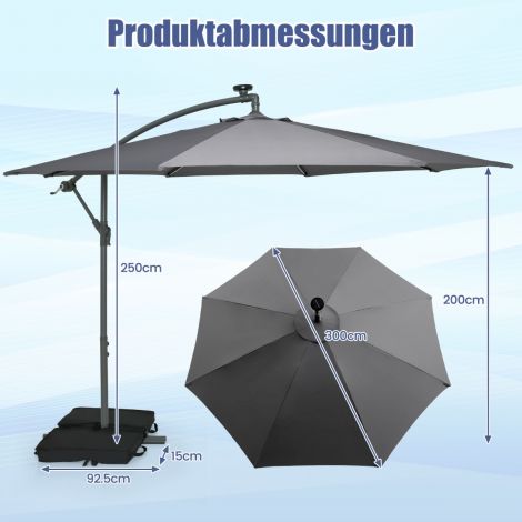 Ø300 cm rippuv päikesevari 40 päikese-LED-valgusti, liivakottide ja väntaga, UV-kaitsega, hall