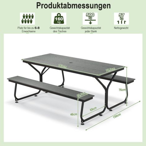 3-osaline piknikulaua ja -pingi komplekt puidusarnase tekstuuriga, 8 inimesele, hall