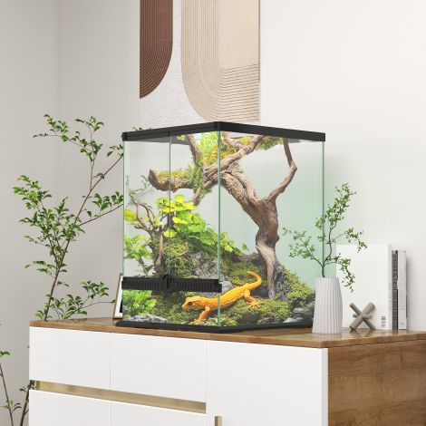 Terrarium roomajad, 45 x 45 x 60 cm, 120L, ventilatsiooniava, äravooluavad, kaablite haldamise lahendus, lukk, metall, must