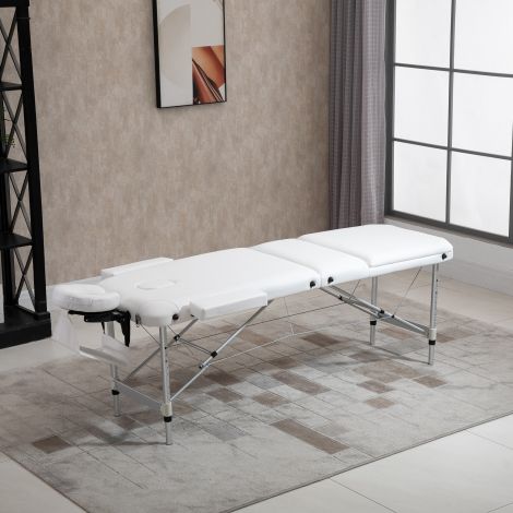 kokkupandav massaažilaud, kõrguse reguleerimisega, peapadjaga salongi ja spa jaoks, plastik & alumiinium, valge, 215 x 60 x 61-84 cm