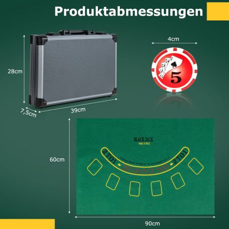 Pokkerikomplekt 400 laser-žetooni, 2 kaardipakki, 5 täringut ja diileri nupuga alumiiniumist pokkerikohver