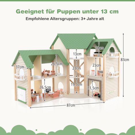 Nukumaja rohelise katusega ja 36 tarvikuga mängukomplekt „Nurgavilla“ puidust DIY unistuste maja