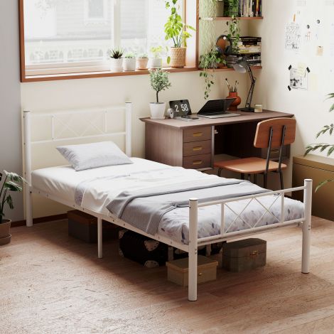 Voodiraam madratsile 200 x 90 cm, voodiraam 88 cm kõrge üheinimesevoodi terasest, magamistuppa külalistetuppa, valge
