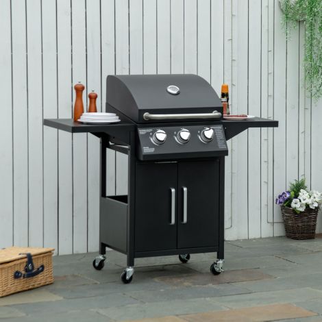 Gaasigrill BBQ 3 põletiga, 3 kW, ratastega mobiilne grillkäru, grillvõrk külglauad rõhuregulaator, voolikud 121 x 55 x 109 cm