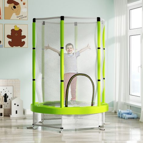 AIYAPLAY laste batuut Ø140 cm, siseruumide batuut turvavõrgu ja kummipaelaga äärekaitsega, laste batuut lukuga uksega, pilvemustriga, lastele vanuses 3-6 aastat, roheline