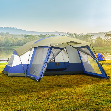 6-8 inimesele mõeldud pere telk eesruumi ja 2 aknaga kuppeltelk PU3000mm sinine 518x487x237cm väliseiklusteks.