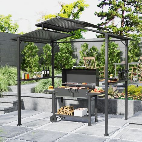 Grillpaviljon 250 x 160 x 250 cm veekindel aiamajake kahekordse katusega, külgriiulitega, aiapaviljon UV-kaitsega, BBQ paviljon, aiatelk grilltelk aia peo BBQ jaoks, must