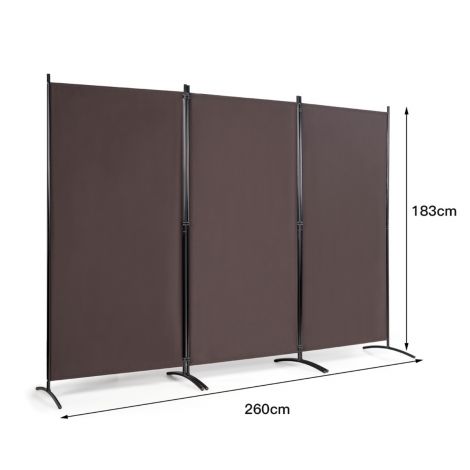 3-paneeliline ruumijagaja tugevate hingede ja terasest alusega, vabaltseisev privaatsusesein 260 × 183 cm, kohvipruun