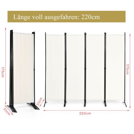 4-osaline kokkupandav vahesein privaatsuse tagamiseks koju või kontorisse, 220 × 51 × 173 cm, valge