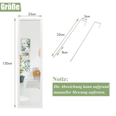 Ristkülikukujuline täispikk peegel ukse riputusaasaga 33x119 cm valge