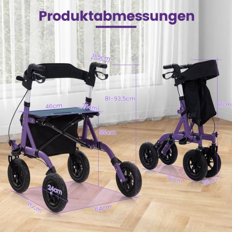Kokkuklapitav ja kerge alumiiniumist rulaator istmega kuni 160 kg, 2-ühes ratastool ja reisirulaator, lilla