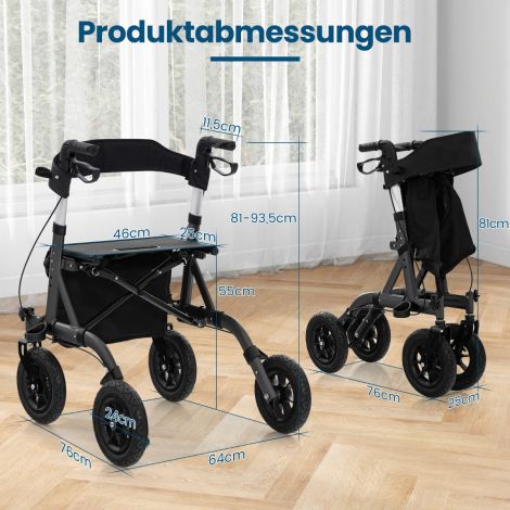 Kokkupandav ja kerge alumiiniumist istmega rulaator kuni 160 kg, 2-ühes ratastool ja reisirulaator, must
