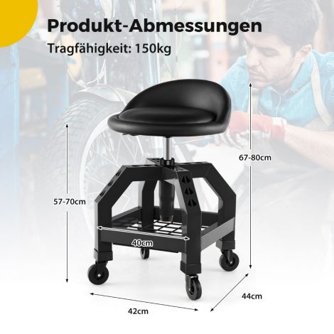 Reguleeritava kõrgusega töökoja taburet, 150 kg kandevõimega, tööriistarestiga, must