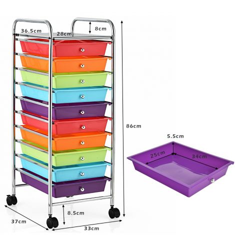 Riiulikäru Ratastega Riiul Abikäru 10 sahtliga 33 x 37 x 86 cm Punane + Lilla