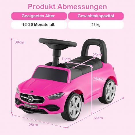 Mercedes-Benzi litsentseeritud sõidumänguasi rooliga ja panipaigaga, roosa lükatav jooksuauto