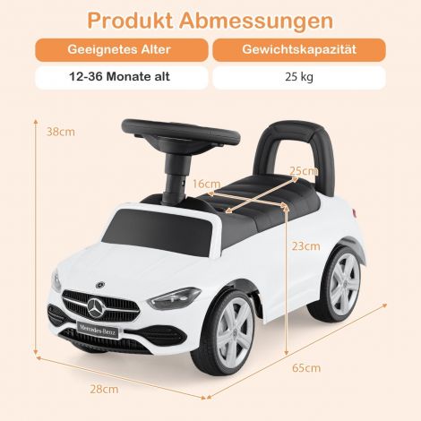 Mercedes-Benzi litsentseeritud sõidumänguasi rooli ja panipaigaga, lükatav jooksuauto, valge